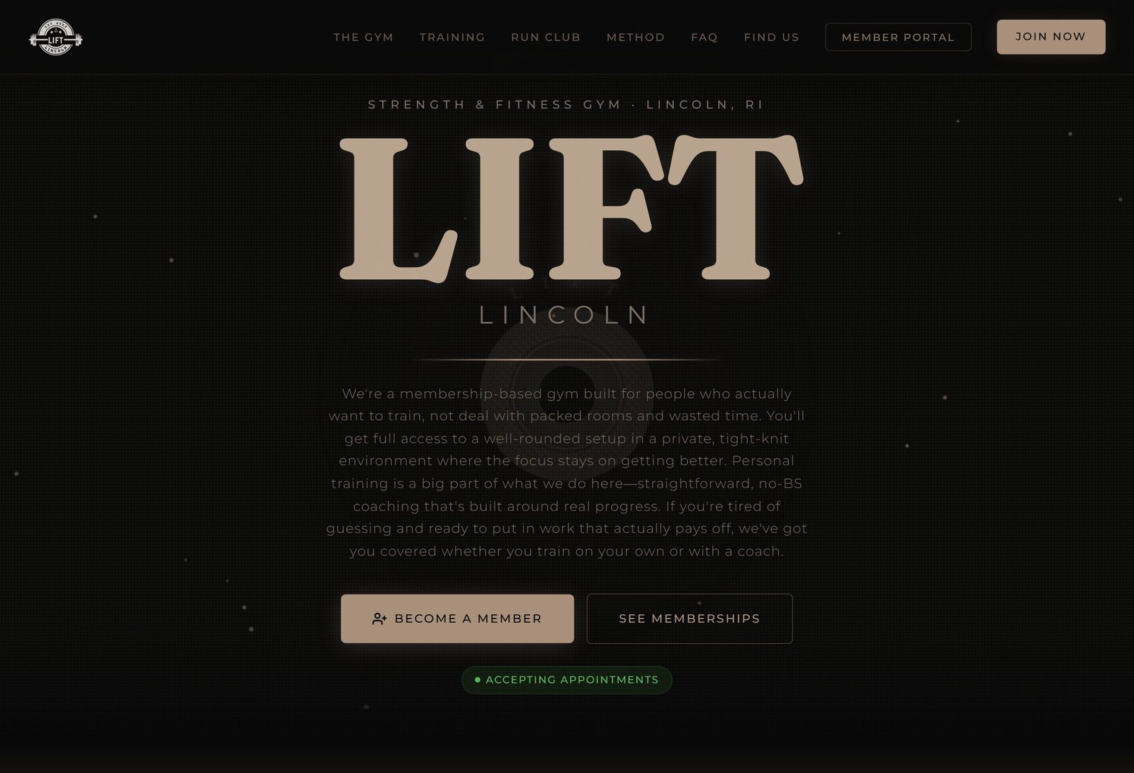LIFT Lincoln — Custom gym website for a private strength and fitness gym in Lincoln, Rhode Island